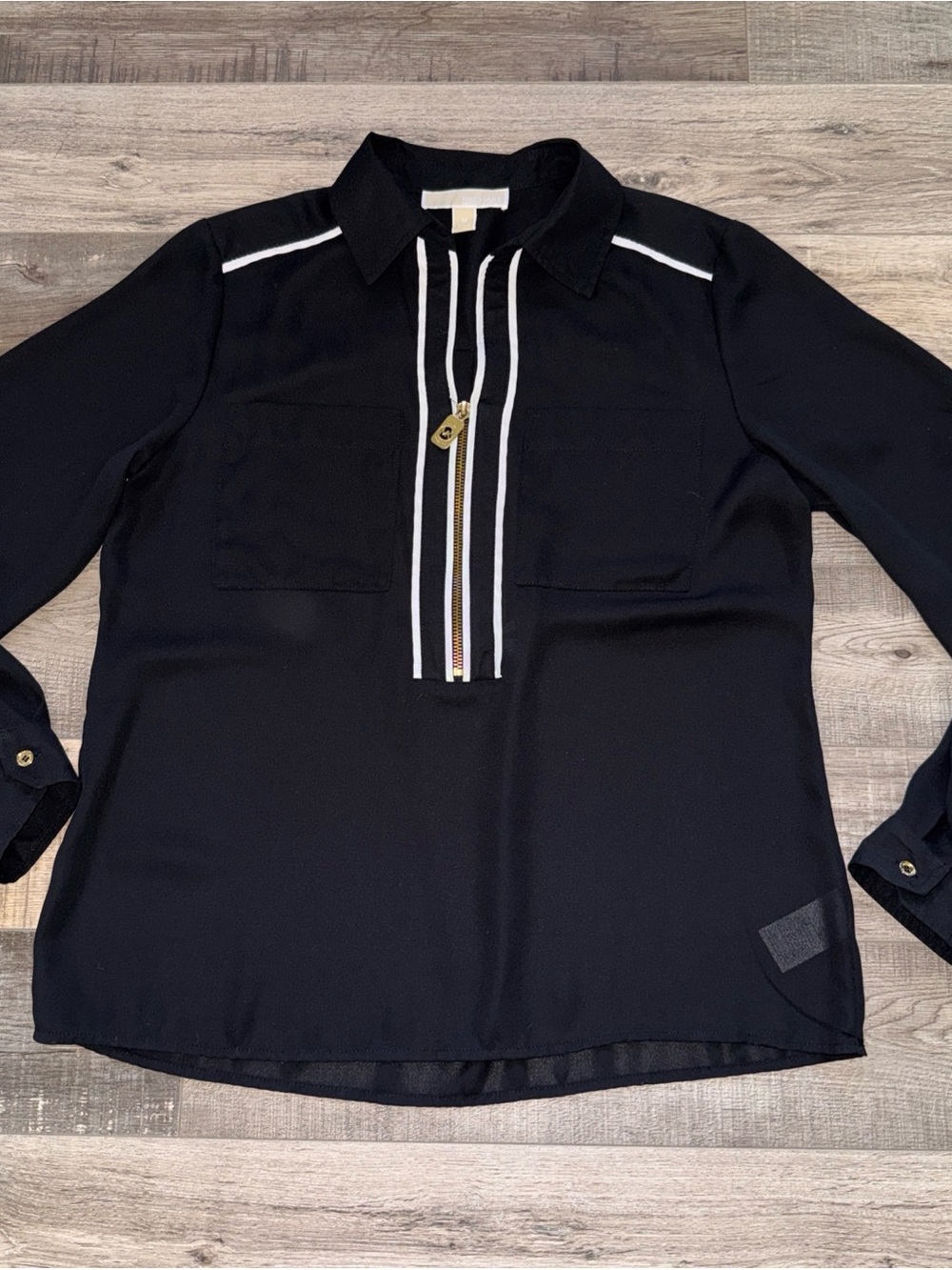 Michael Kors Black Long-Sleeve Zip Polo Shirt with White Trim